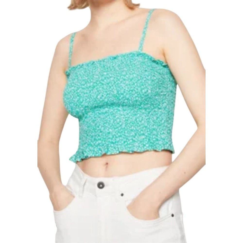 Hollister Smocked Crop Cami Tank‎ Top Green Floral Adjustable Straps Size M